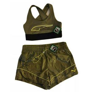 NWT Puma Womens Evide Workout Set Crop Top Bra Shorts Green